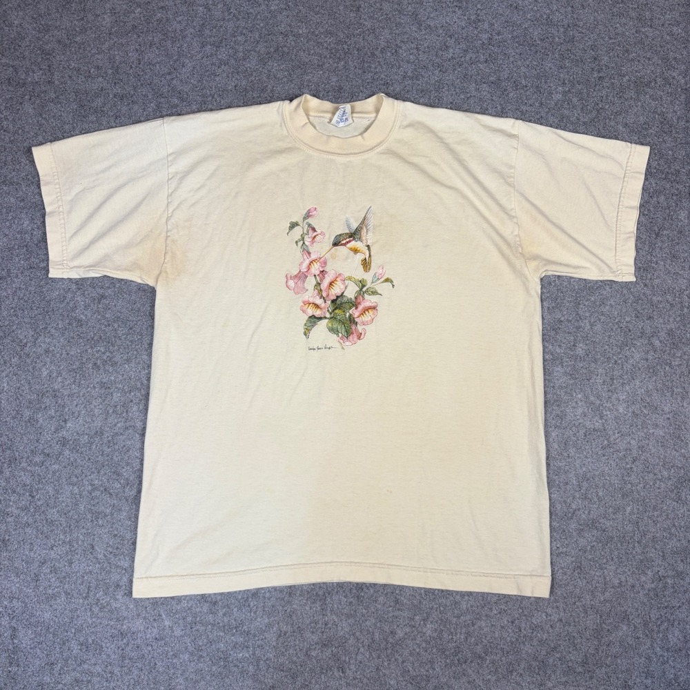 Vintage 90s Wons Wear Hummingbird Floral T-Shirt Made in USA Cream Large